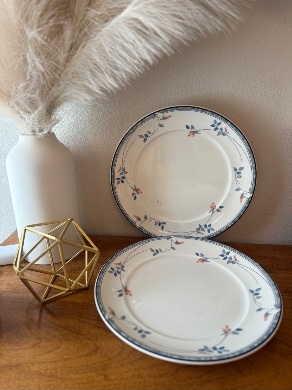 Noritake White Porcelain Dinner Plates with Blue and Pink Floral Band - Pair